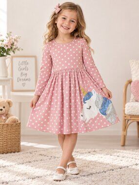 Lilt Girls Unicorn Dress Pink Sparkle Polka Dot Long Sleeve Size 6X